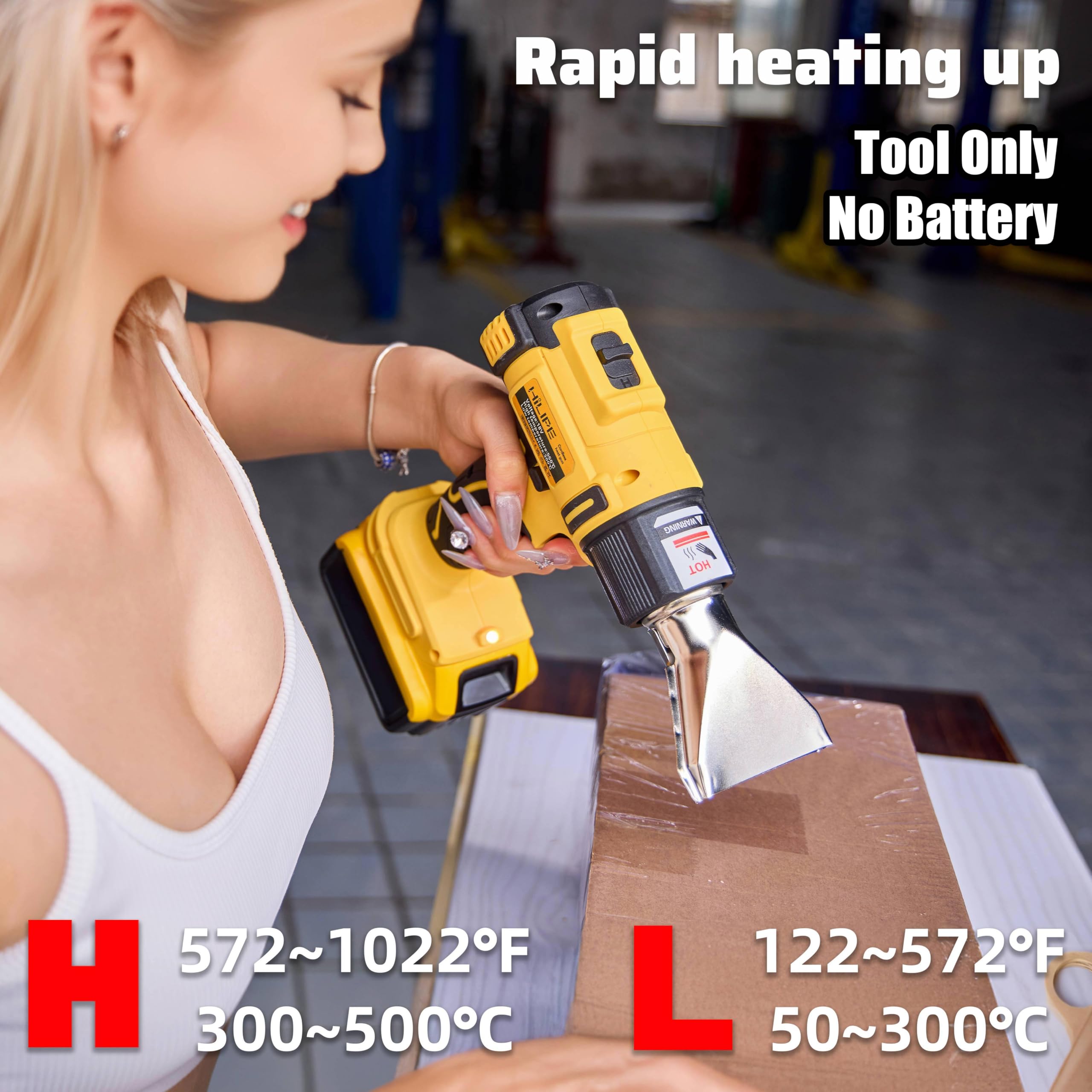 Pistola de calor inalámbrica para batería DeWALT de 20 V, pistola de aire caliente de litio, 5 accesorios de boquilla, ajuste de 2 temperaturas máximo de 1102 °F (550 °C), pistola de calor para