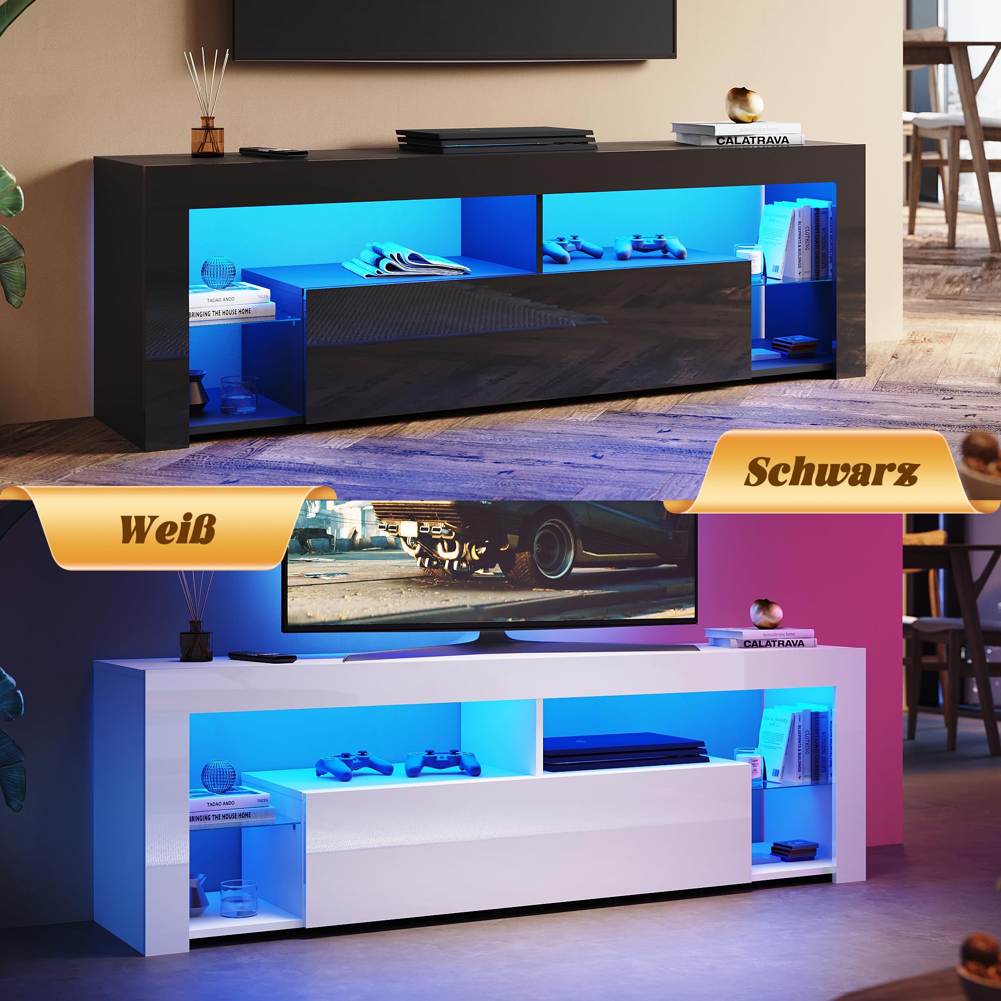 LED TV Lowboard Schwarz, TV Schrank 180cm mit 16 Led Farben Beleuchtung TV Board mit Glasböden Hochglanz 180 x 35 x 50,5 cm