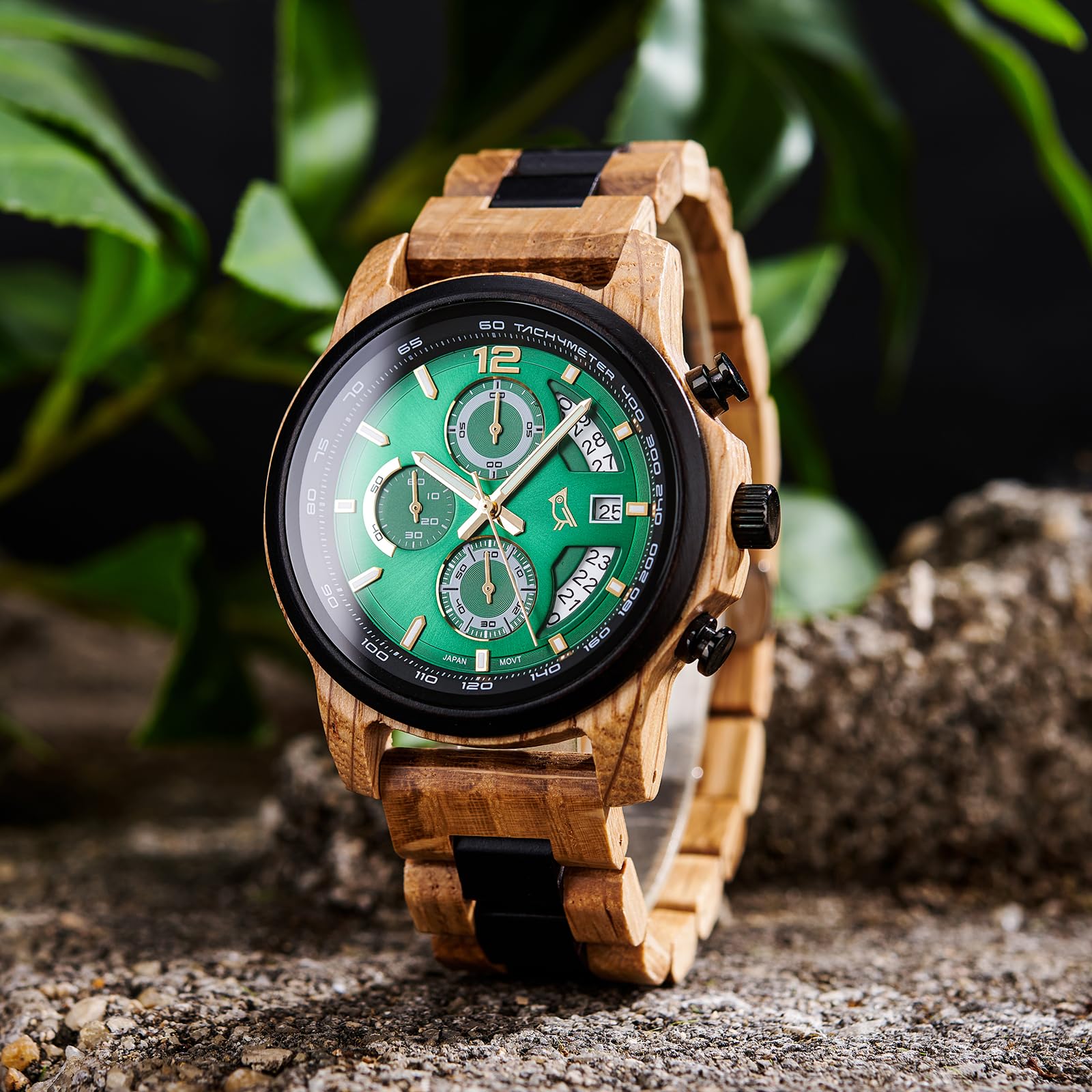 2win Reloj de madera grabado para marido y hombre, cronógrafo para hombre con llamativa esfera verde y diseño único de madera, regalo de aniversario, cumpleaños, Navidad, San Valentín para él