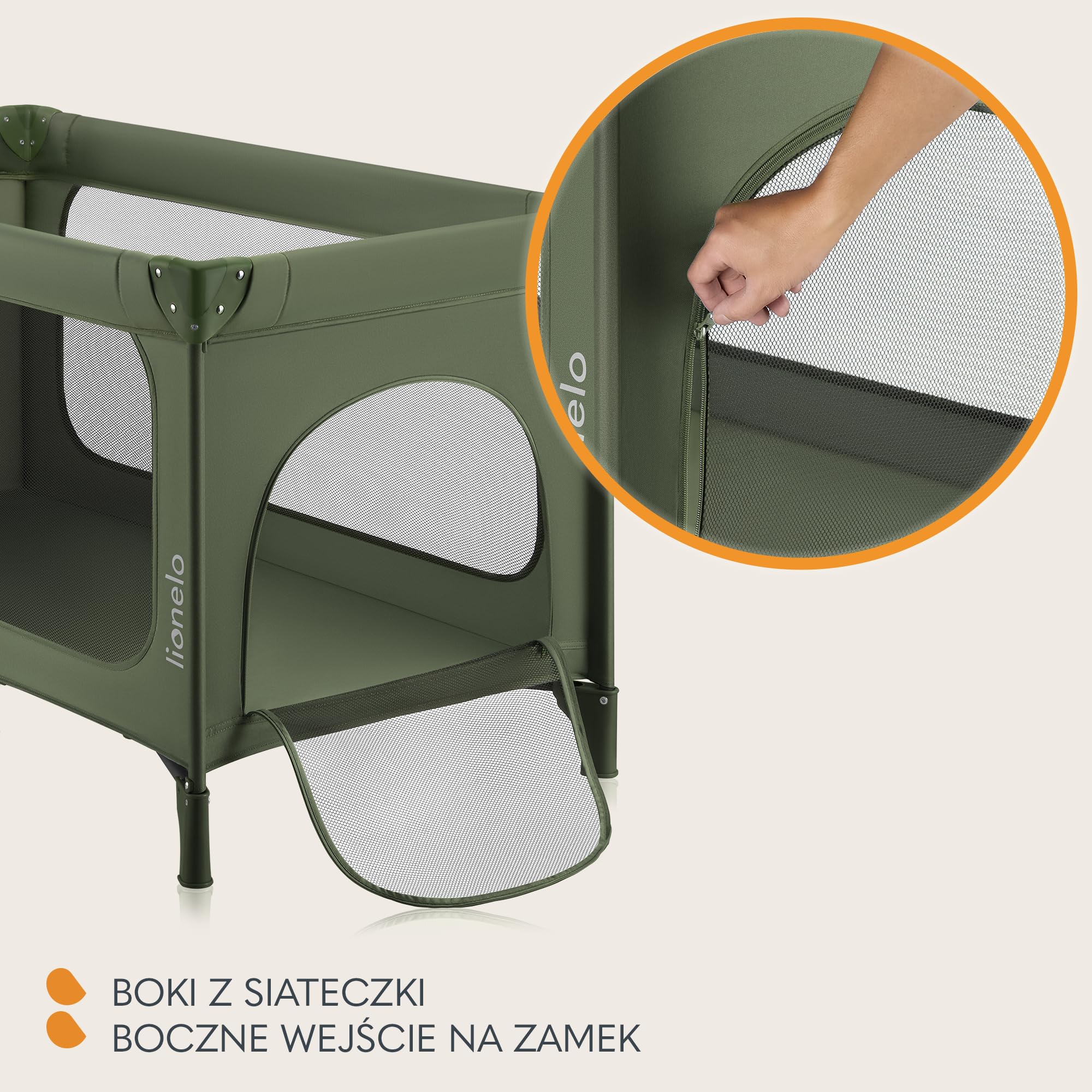 LIONELO Jasmin Easy Fold Łóżeczko Turystyczne Dziecięce do 15 kg od 0 do 36 miesięcy Piankowy Materac T25, 2 Poziomy Wysokości, Szybkie Składanie Easy Fold, Boczne Wejście, Kółka (Zielony)