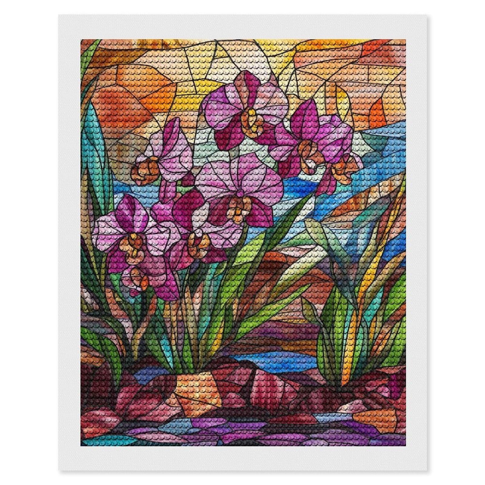 Junmoney Stained Glass Orchid Diamond Art Canvas 16"x20", Decorate Your Room, Mindful Craft Activity, Cosy Home Accent, Thoughtful Handmade Gift