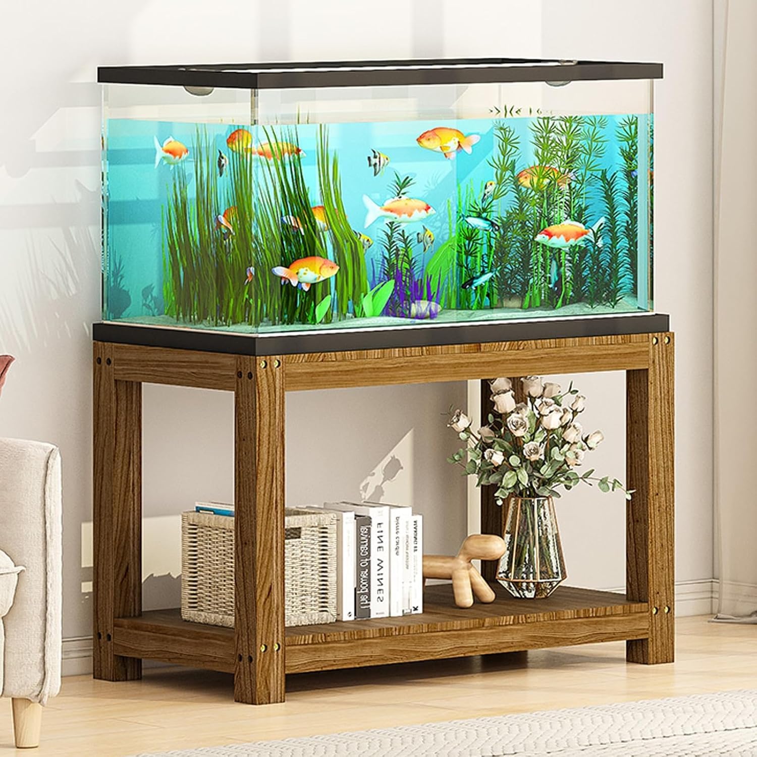 Supporto in Legno per Acquario, Supporto per Acquario in Massiccio, Supporto Multifunzione a 2 Livelli per Acquario e Terrario con Mensola Aperta,A,60X35X50CM(23X13X19IN)