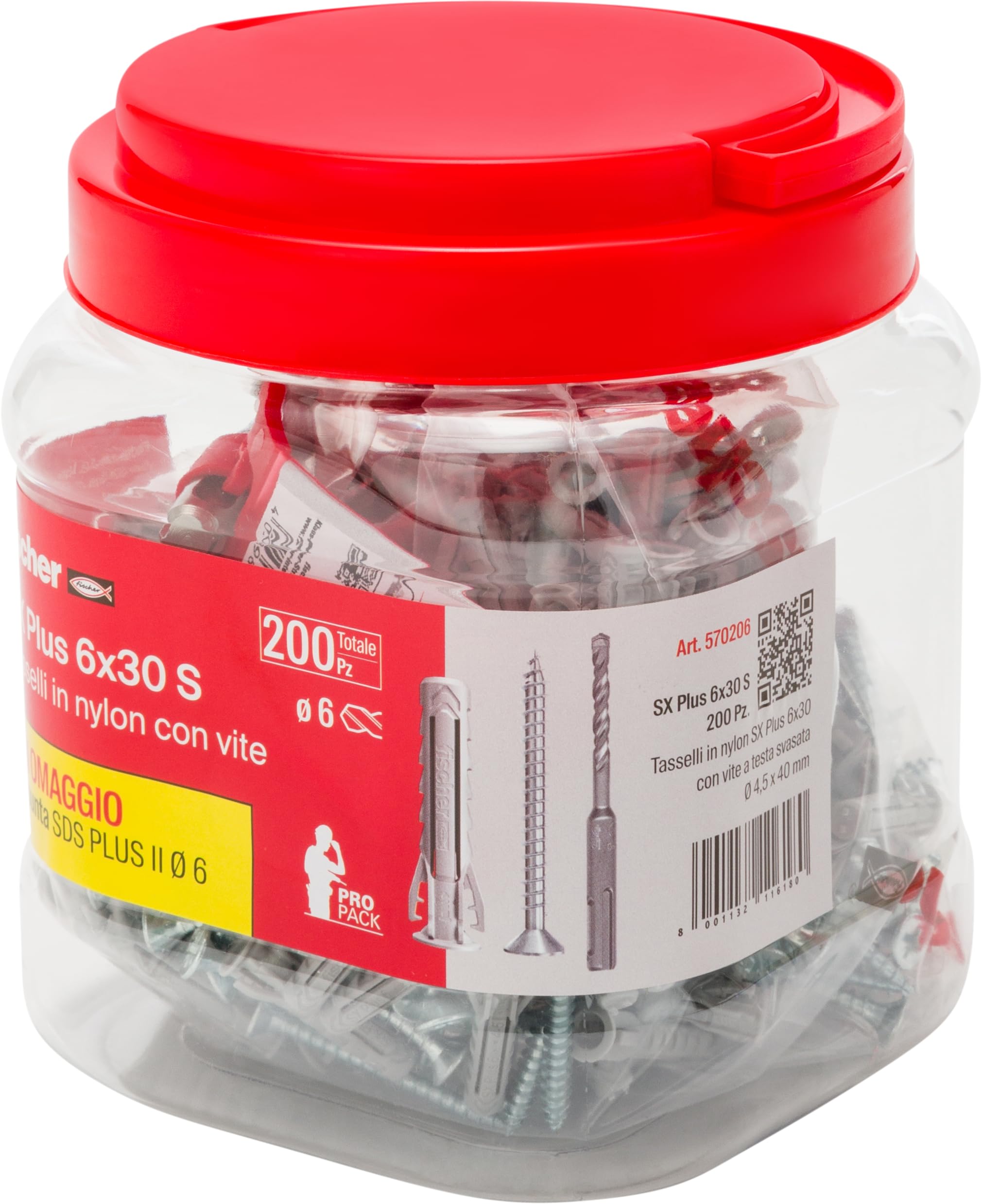 fischer Propack SX Plus 6 S, 200 tacos 6 x 30 con tornillo + broca SDS 6 mm, reutilizable, para fijación en hormigón y mampostería 570206