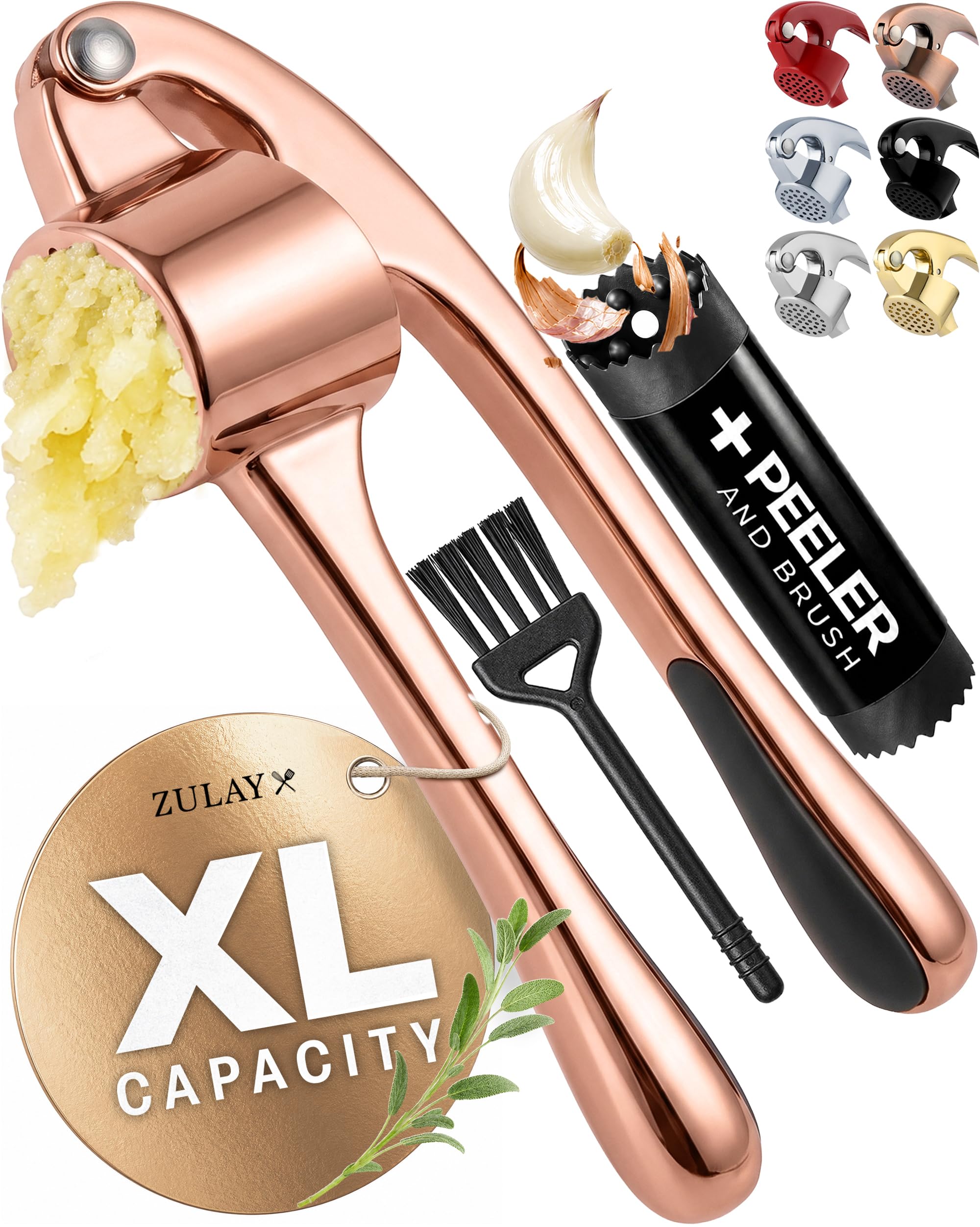 Zulay Kitchen Large Premium Garlic Press Set - Bigger Bowl for Bigger Garlic - Rust Proof Garlic Mincer Tool - Easy-Squeeze, Easy-Clean Silicone Garlic Peeler &amp; Brush (Rose Gold)