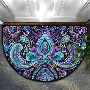 Half Round Doormat Non-Slip Washable Trippy Paisley Abstract Purple Semi Circle Rug Soft Absorbent Half Moon Mat for Indoor Outdoor Entrance Kitchen Bathroom Sink Patio Welcome Fireplace Floor Rug