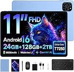Tablet 2026 Android 16 Tablet with Gemini AI 3.1, 11 Inch FHD Display, 24GB RAM 128GB ROM/2TB TF, T7250 CPU + 13MP Camera, 8000mAh, Widevine L1, Tablet with Keyboard, Mouse, Blue, for Work and Study