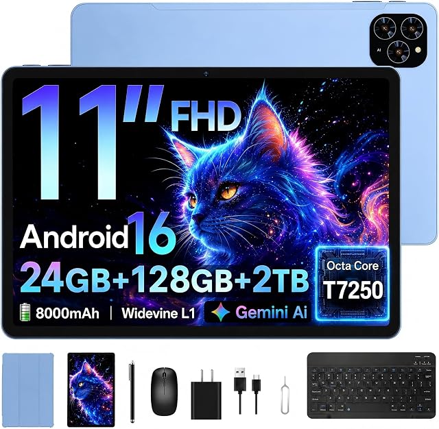 Tablet 2026 Android 16 Tablet with Gemini AI 3.1, 11 Inch FHD Display, 24GB RAM 128GB ROM/2TB TF, T7250 CPU + 13MP Camera, 8000mAh, Widevine L1, Tablet with Keyboard, Mouse, Blue, for Work and Study
