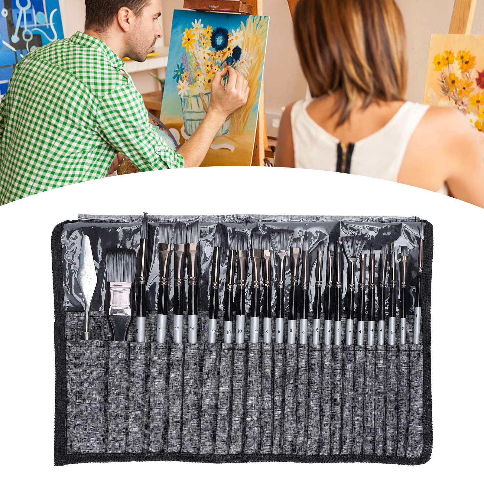Juego de 24 pinceles de pintura acrílica, pinceles profesionales para pintura al óleo, lienzo acrílico y pintura de acuarela (gris)