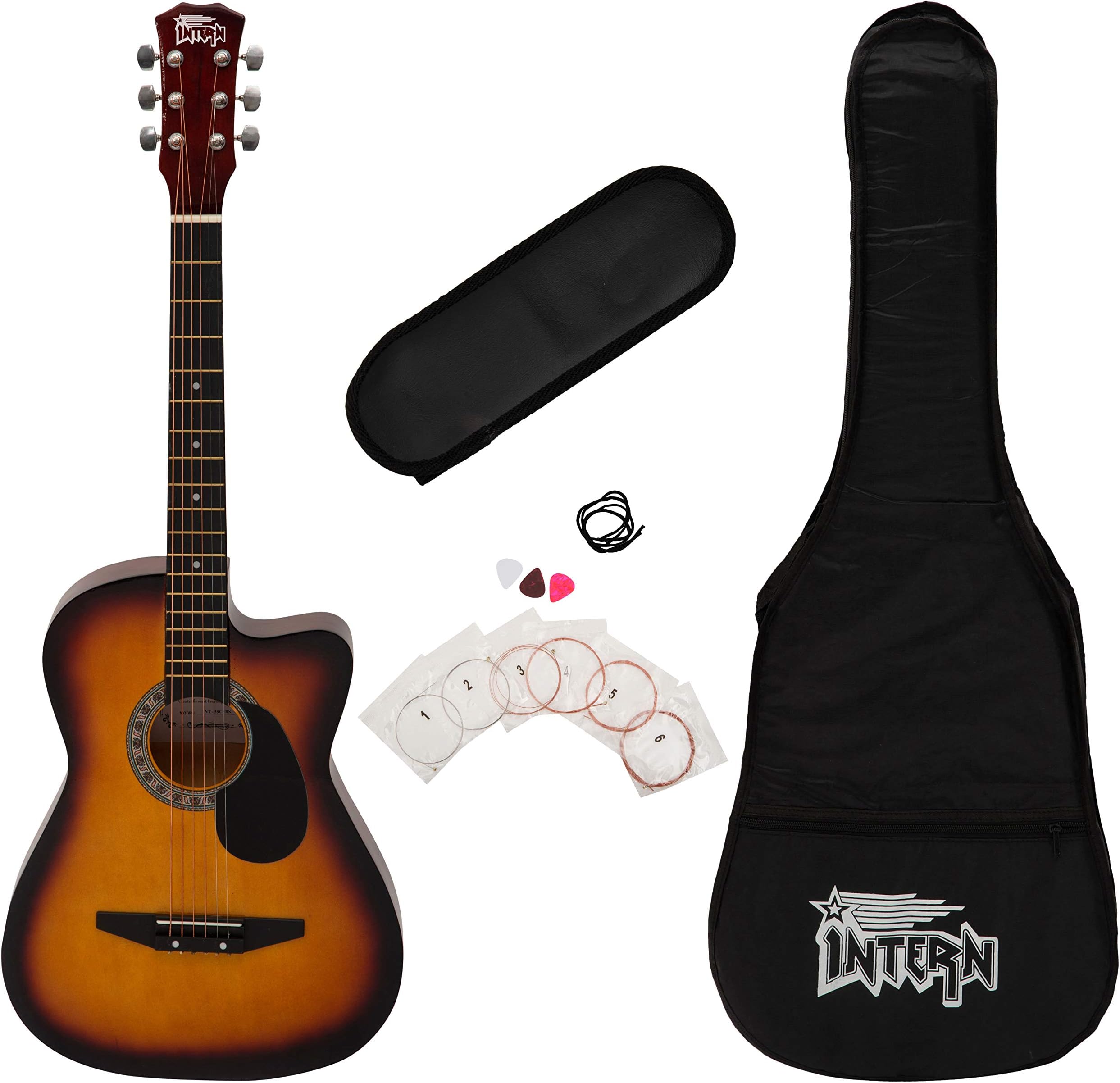 INT-38C-SB-G 38 Inch Cutaway Right Handed lindenwood Acoustic Guitar Kit, With Bag, Strings, Pick And Strap (Sun Burst, 6-Strings)