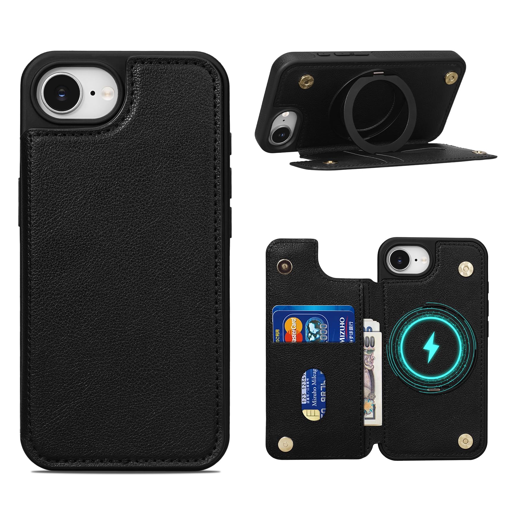 Shlybaay iPhone 17e 用 ケース 背面 手帳型 MagSafe対応 スタンド機能 いPhone 16e 対応 背面ケース マグセーフ 手帳型ケース ICカード収納 ワイヤレス充電 360度回転 アイフォン 17e/16e 用 スマホケース カバー マグネット おしゃれ ファッション T1J 6.1インチ ブラック