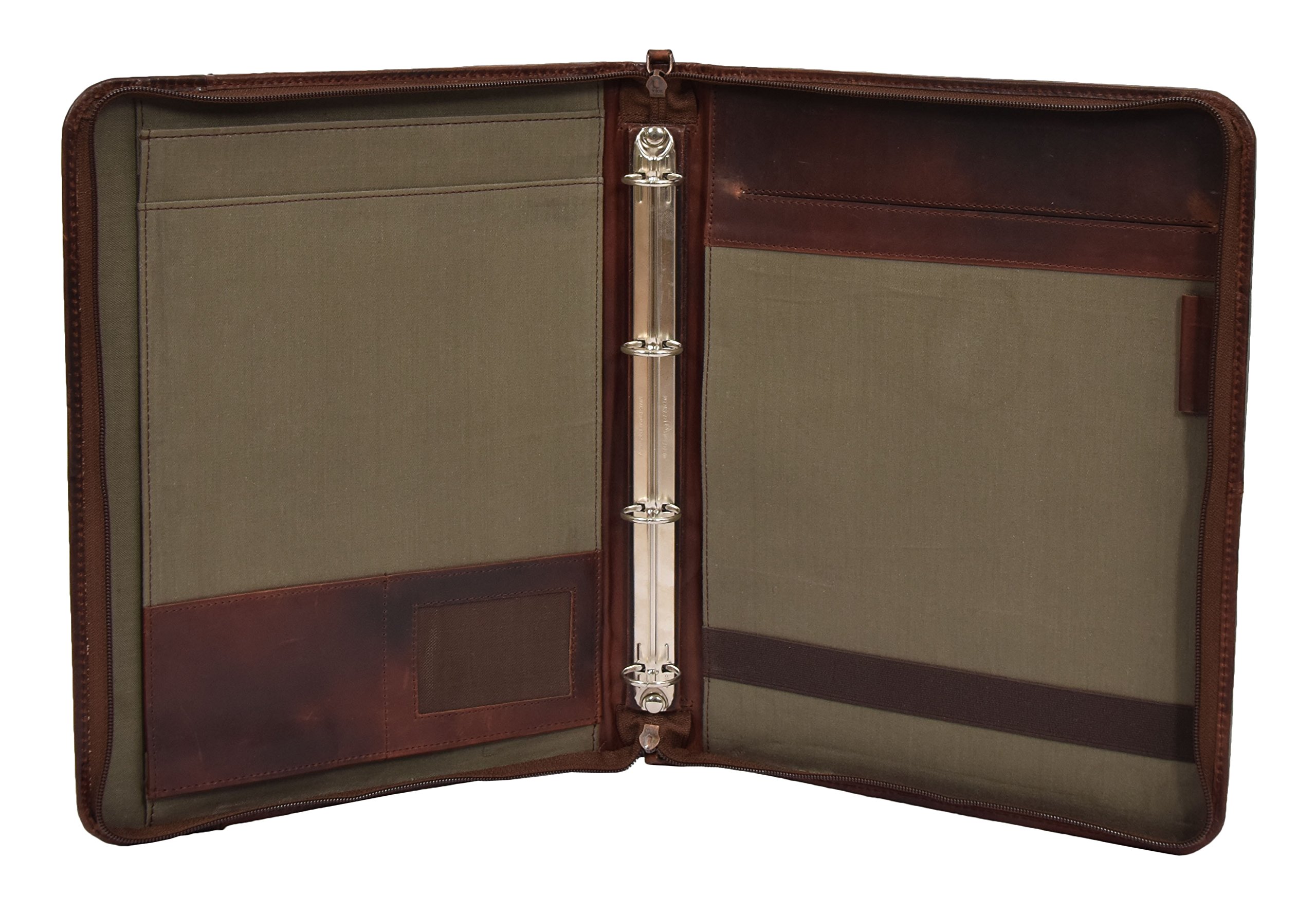 A1 FASHION GOODS Genuine Leather Ring Binder Folio Zip Around A4 Pad Document Tan Leather File Case - Pacley