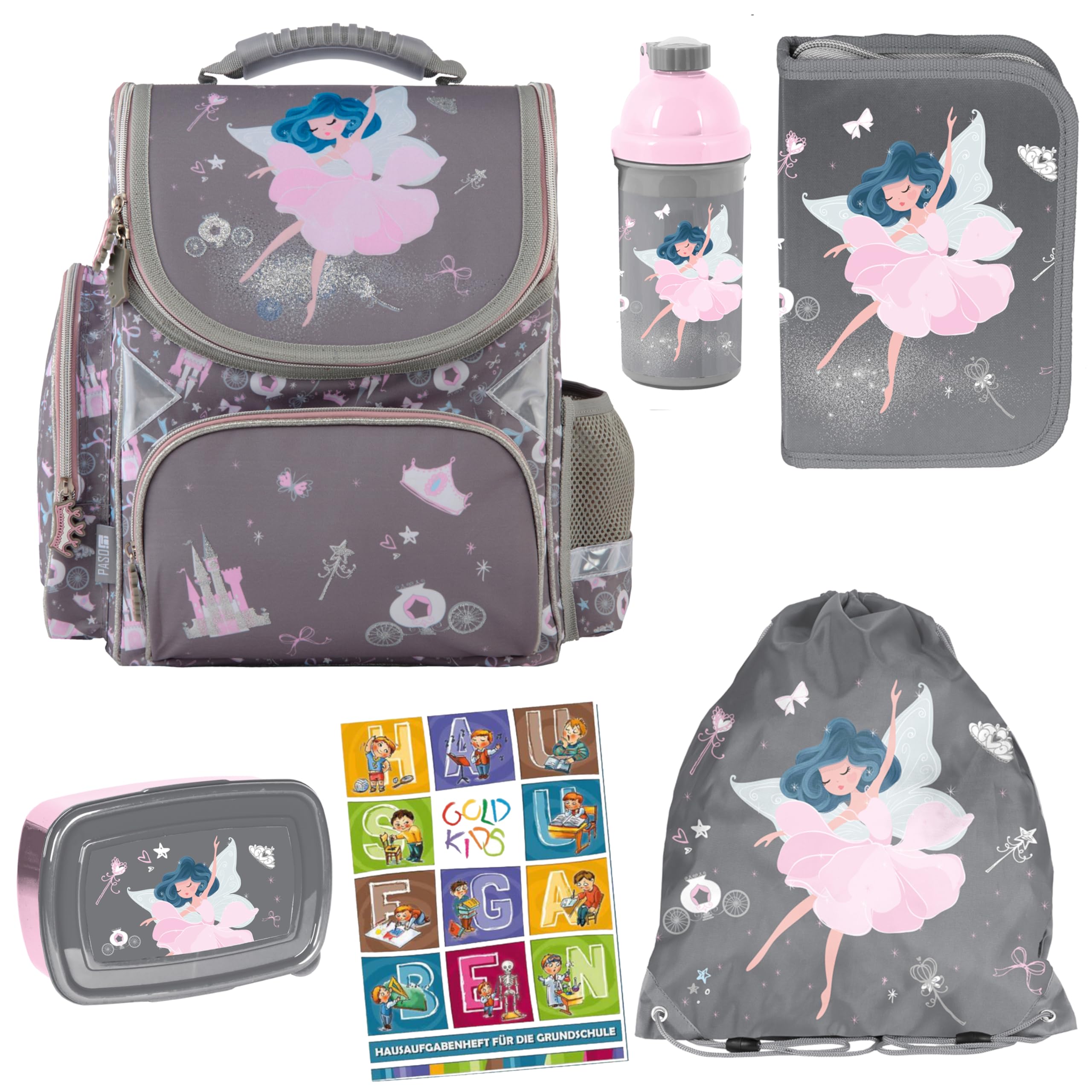 Goldkids - Mochila escolar para niños y niñas, juego de 6 - Mochila escolar para niños con estuche - Bolsa para zapatos y cuaderno de tareas - Diseño de bailarina - Clase 1-3, Juego de 6, 1-3 Klasse