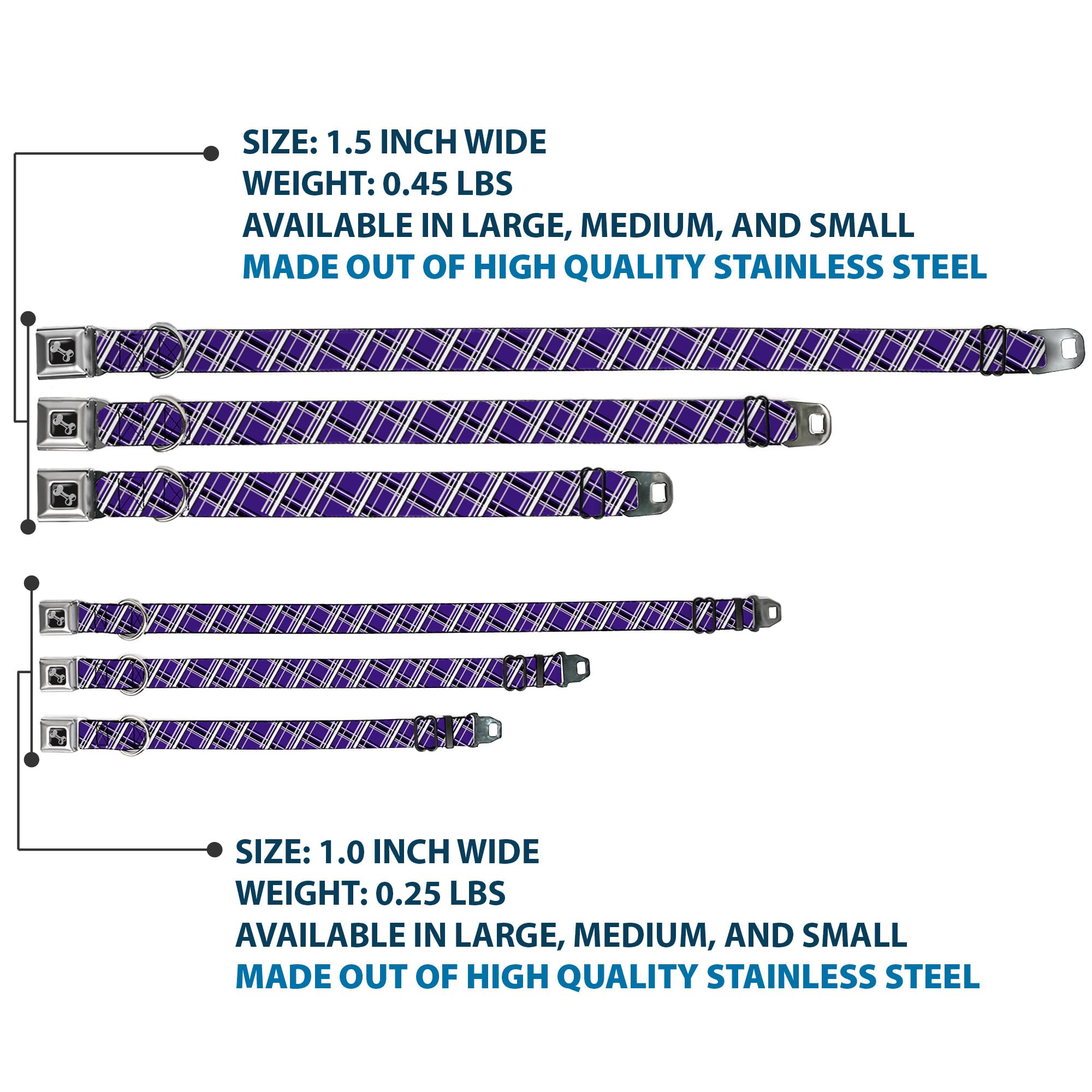 Buckle Down Pied-de-Poule Grigio/Viola/Bianco Collare Osso, L/15 – 66 cm