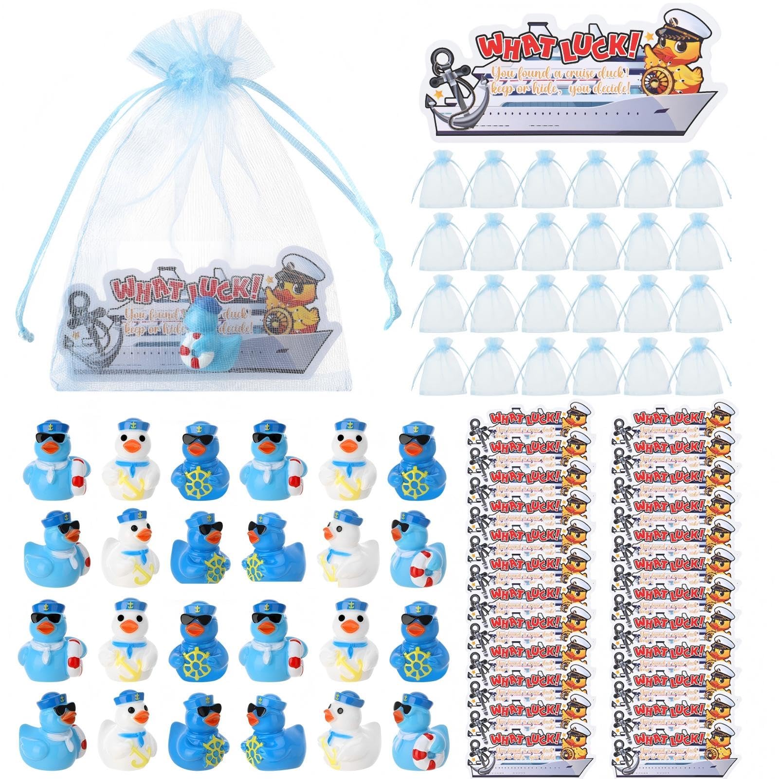 GGSTDDUP 24 Set Sailor Cruise Mini Resin Ducks, Tiny Cruise Ducks for Hiding, Appreciation Card with Organza Bag, Miniature Sailor Cruise Figurines for Cruise Ship, Nautical Cruise Party Favors Decor