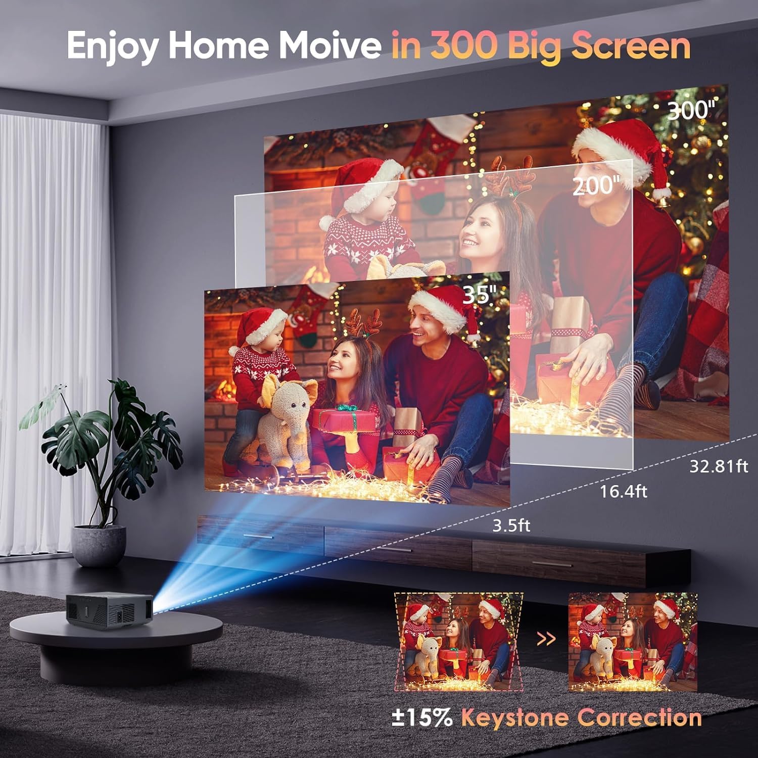 Diagram showing projector placement, screen size variations from 35 to 300 inches, and keystone correction.