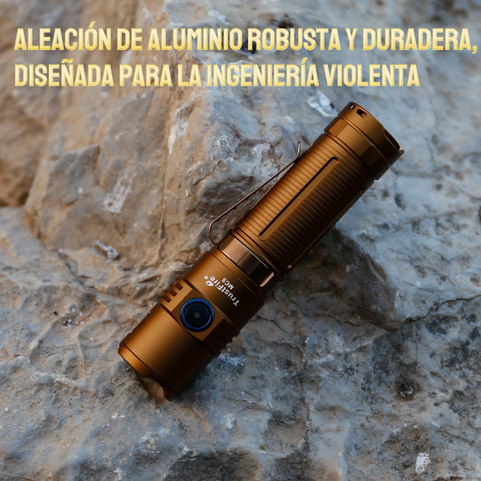 TrustFire MC5 Linterna, Linterna Led Recargable de 3300 Lúmenes, Más Brillante Linterna Táctica, Linternas LED Alta Potencia IPX8 Impermeable, Linterna de Caza con 5 Modos - Desierto Amarillo