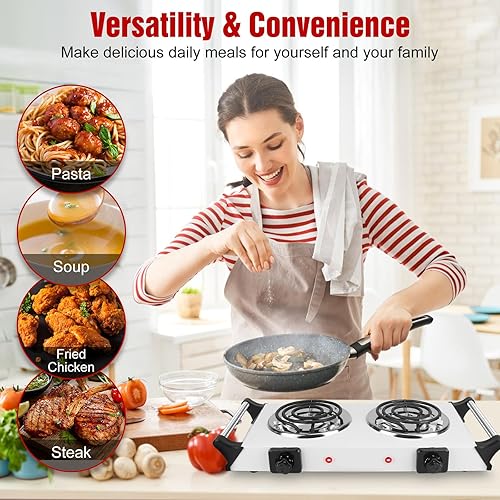 Miniatura 4 de Placa caliente de 2000 W, estufa eléctrica portátil para encimera, quemadores de bobina doble con control de temperatura de 5 niveles y asas que se