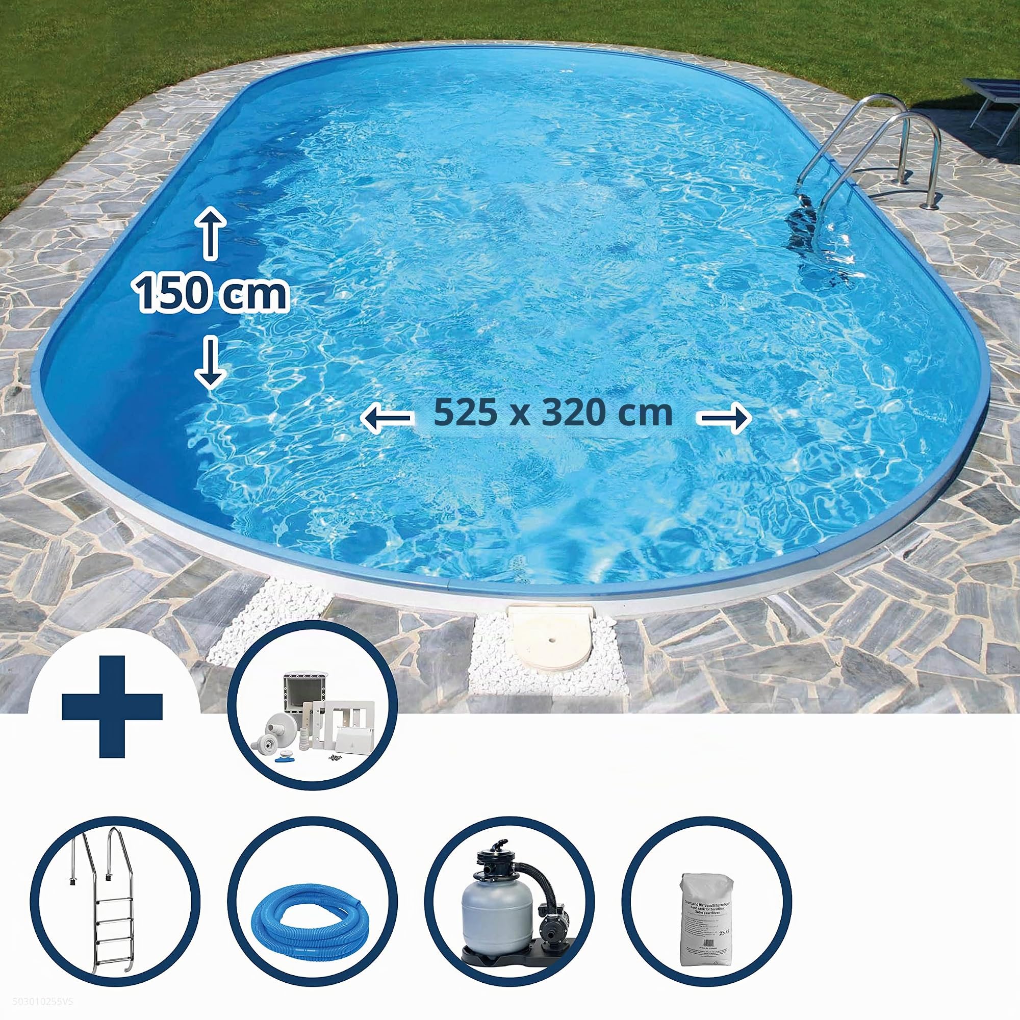 Stahlwandpool Set (10-teilig) tief oval Formentera 525x320x150 cm, Stahl 0,8mm weiß Folie 0,6mm blau