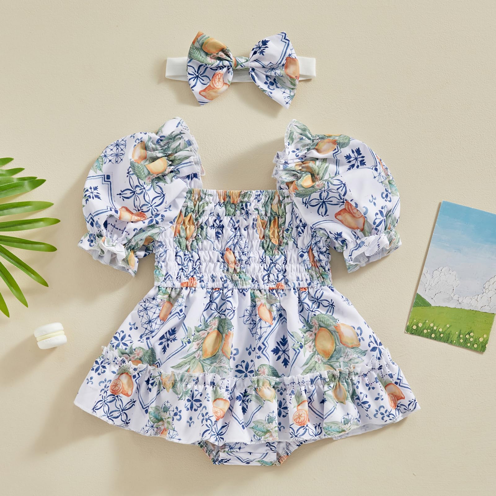Socutebabe Baby Girl Summer Clothes Fruit Romper Smocked Dress Vintage Bubble Onesie Cute Outfit with Headband (A Lemon Blue, 0-6 Months)