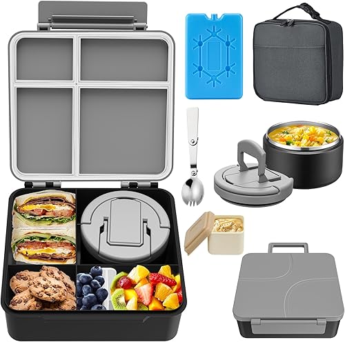 MAXSO Bento - Juego de lonchera con termo de sopa de 8 onzas, contenedor de comida caliente a prueba de fugas para niños con taza de salsa, bolsa de