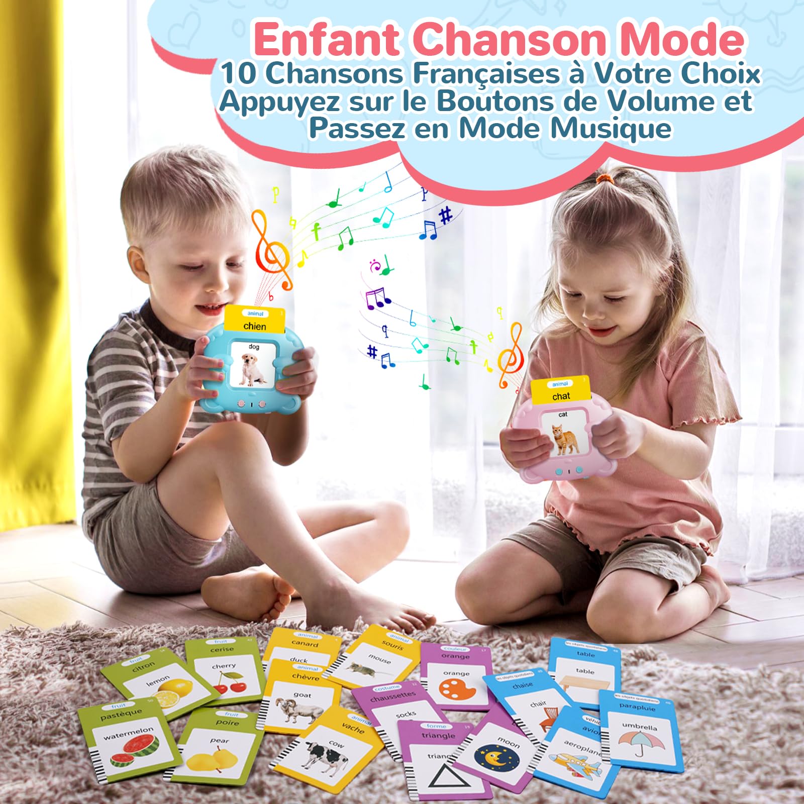 AHJ Schede Flash Cards Parlanti (Francese e Inglese), Giocattoli di Apprendimento per Bambini dai Anni, Educativi Prescolari da Ascoltare e Imparare di Base 112 Flashcard 224 Parole (Rosa)