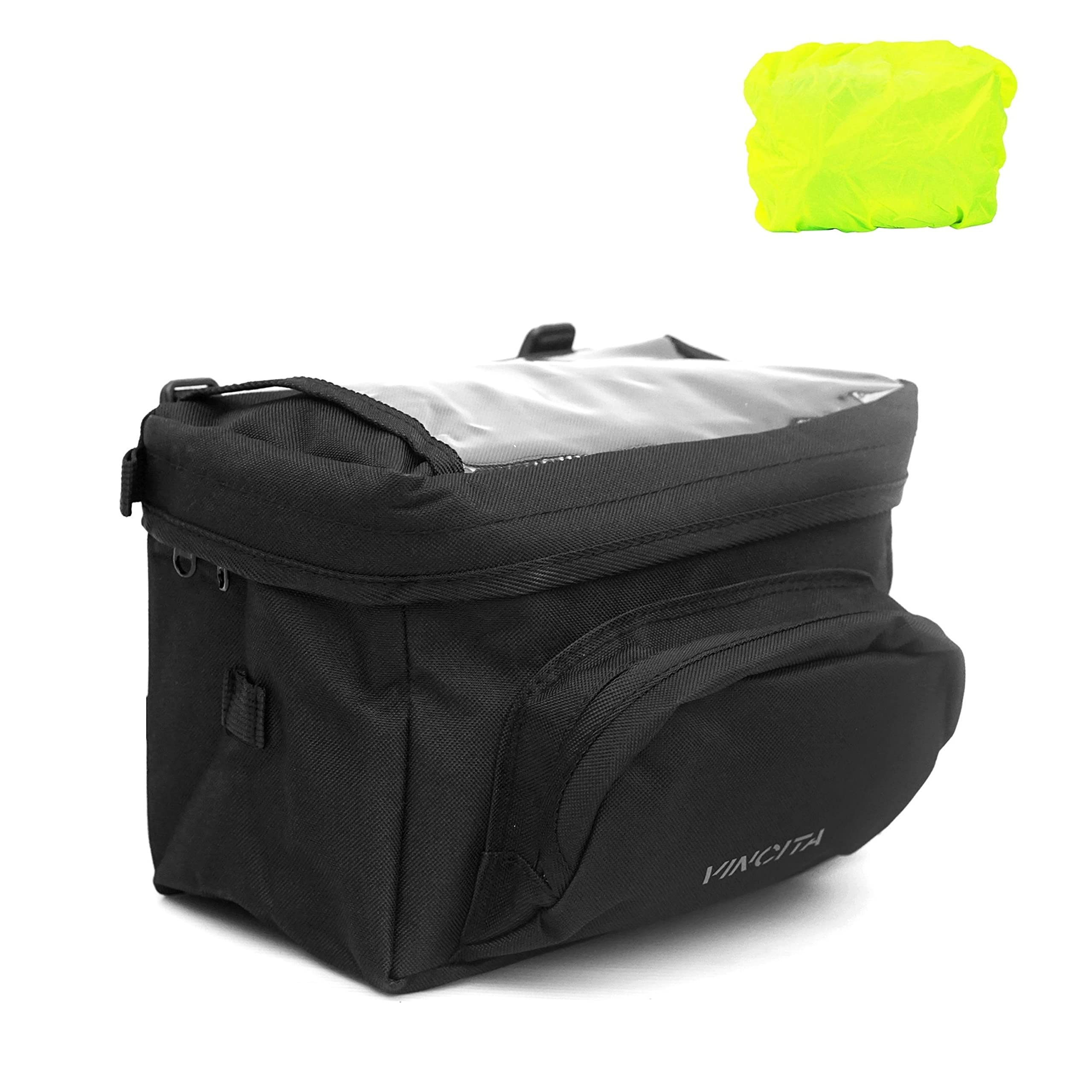 Vincita Fahrrad-Lenkertasche Basic mit wasserdichter Regenhülle – Gurtbefestigung, Kartenetui – Fahrradtasche für Klapprad, Rennrad, Mountainbike, Fahrradlenkertasche (schwarz) Sport & Freizeit