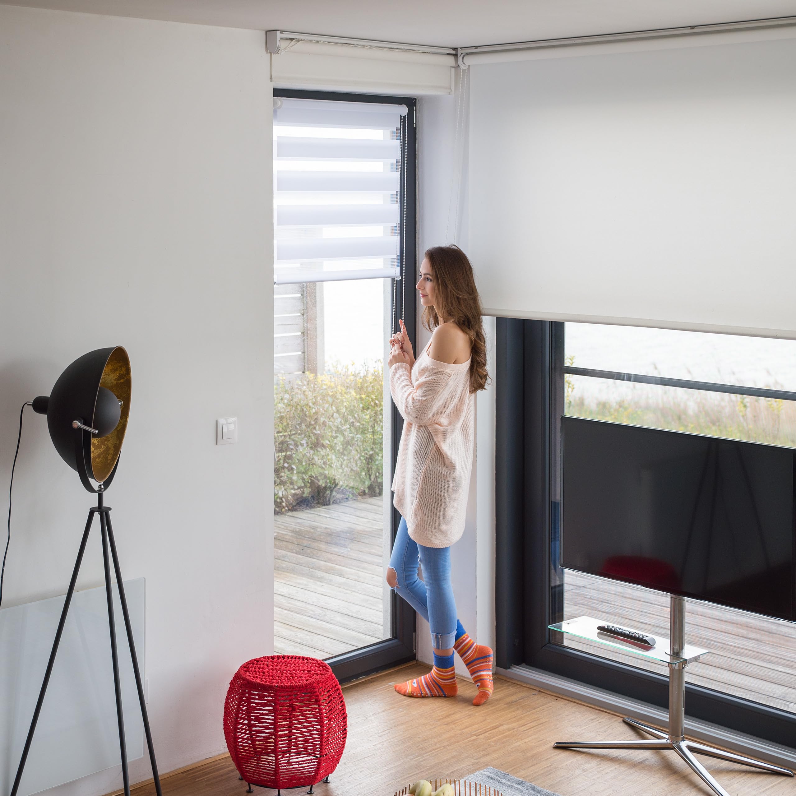 Relaxdays Doppelrollo Klemmfix ohne bohren, 3er Pack, Seitenzugrollo mit Streifen, Duo-Rollo für Fenster, Stoff 76x156 cm, weiß
