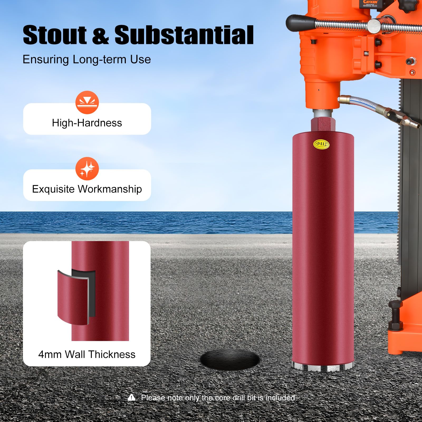 112 mm Diamond Core Drill Bit Hole Cutter M22, rosso, 410 mm di profondità, denti piatti e grandi muri, spessore parete 4 mm, per calcestruzzo e muratura