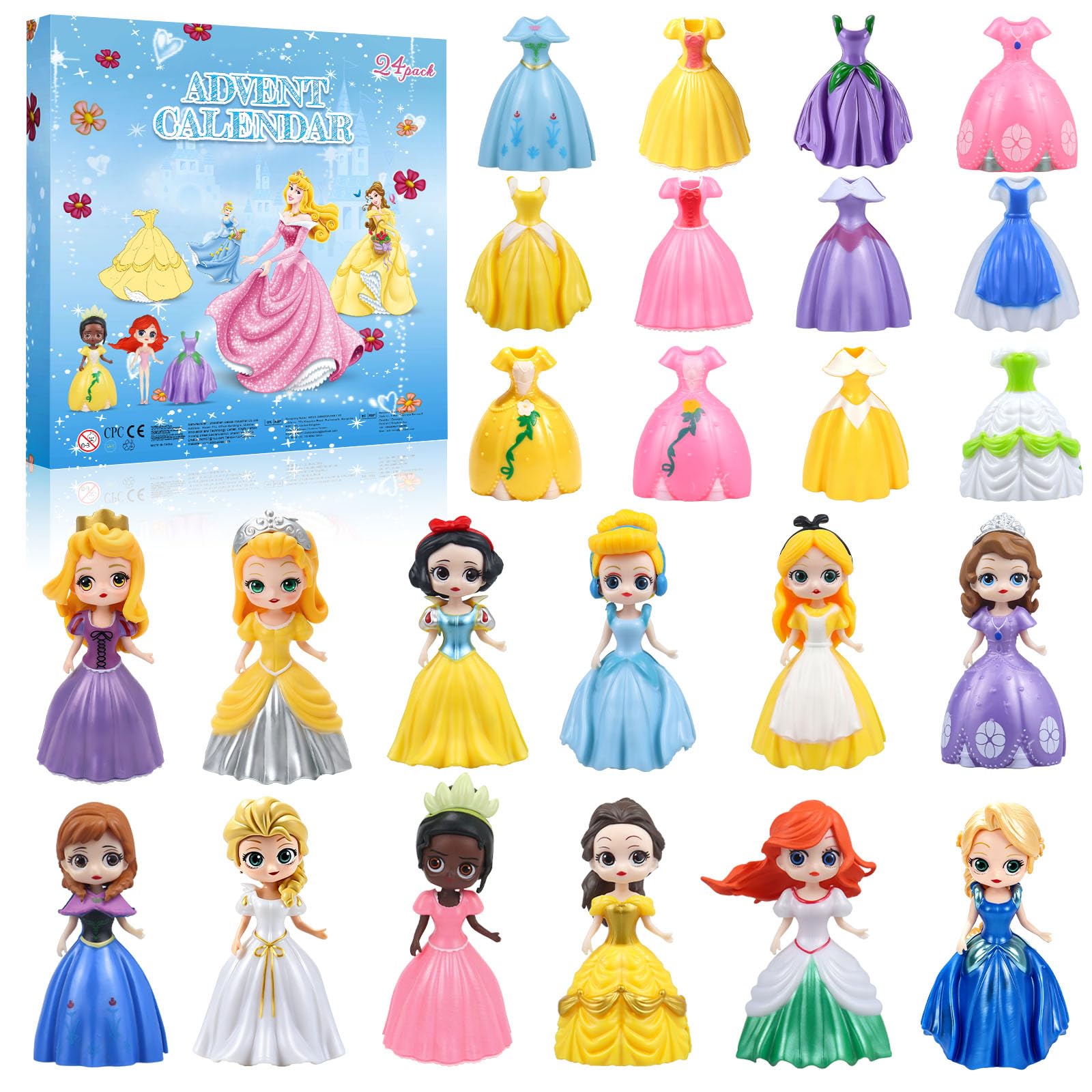Calendario dell'Avvento natalizio 2026, 24 giorni, per ragazze, set di giocattoli da principessa, con 12 bambole da principessa e 12 abiti, scatola per sorprese fai da te, regalo di Natale per bambini