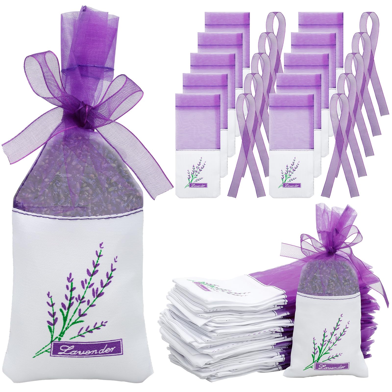 100Pcs Lavender Bags Empty Lavender Sachets Bags for Dried Flowers Muslin Repellent Scented Pouches with Ribbons Small Sachets for Wardrobes Drawer Car Cupboard Shoes