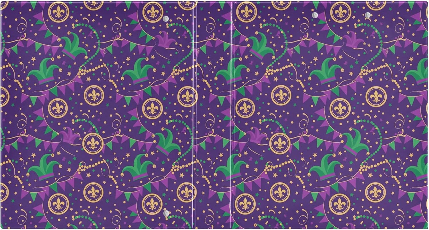 Mardi Gras Theme 3 Ring Binders, 1.5” Round Ring Binders with Clipboard - Letter Size, 3 Interior PVC Clear Pockets & Anti-Slip Clip for Office School Supplies, 2PCS