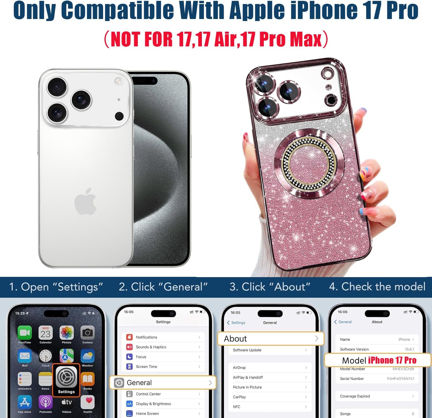 Misscase for iPhone 17 Pro Magnetic Glitter Case Compatible with MagSafe,Full Protection Slim Shockproof Anti-Scratch Case with Camera Lens Protector Plating Bling Dust-Proof Net Pink - Image 2