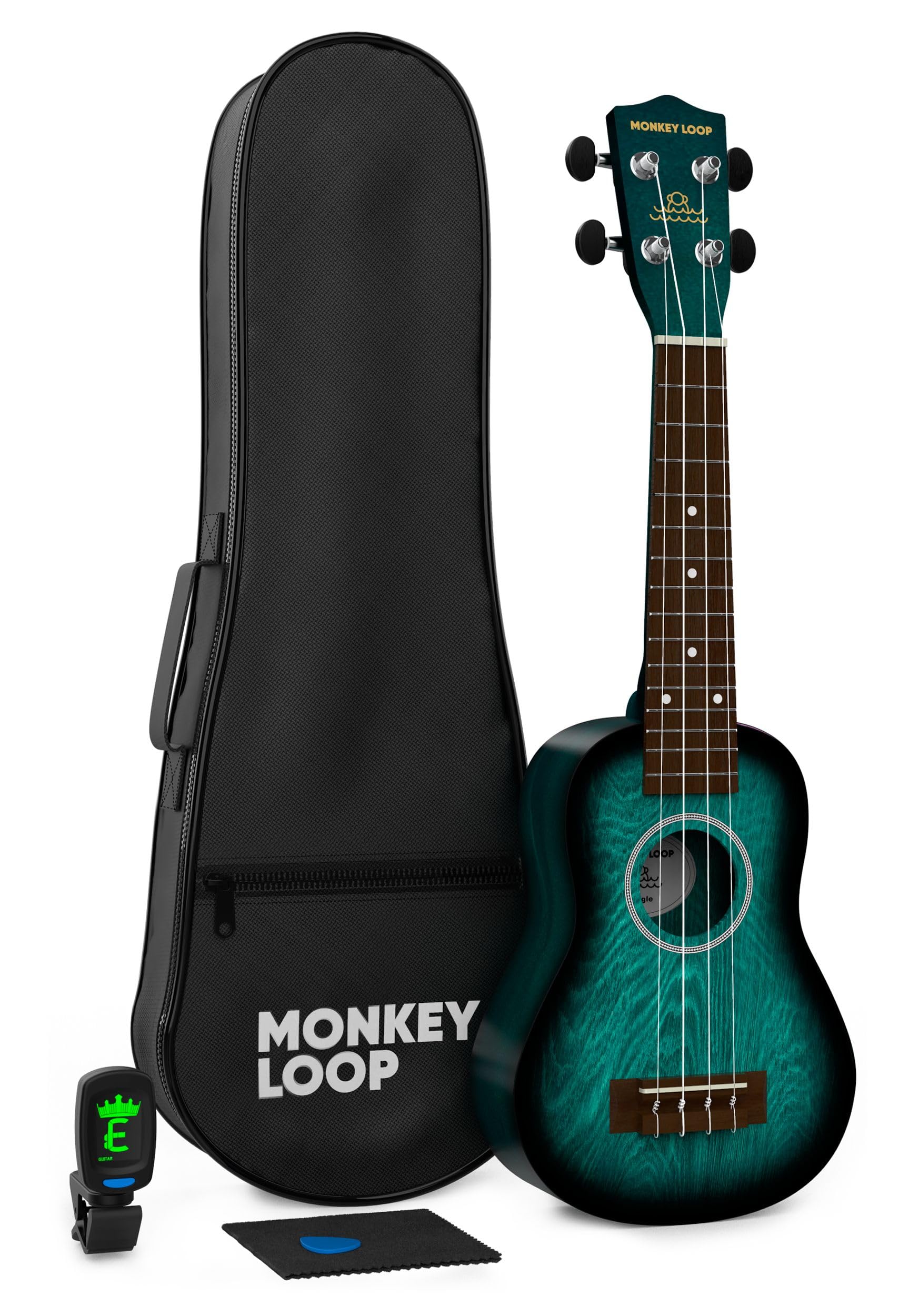 MONKEY LOOP Jungle Pack Blue Ukelele Soprano (Ukelele, Funda, Afinador, Púa y Gamuza Limpiadora)