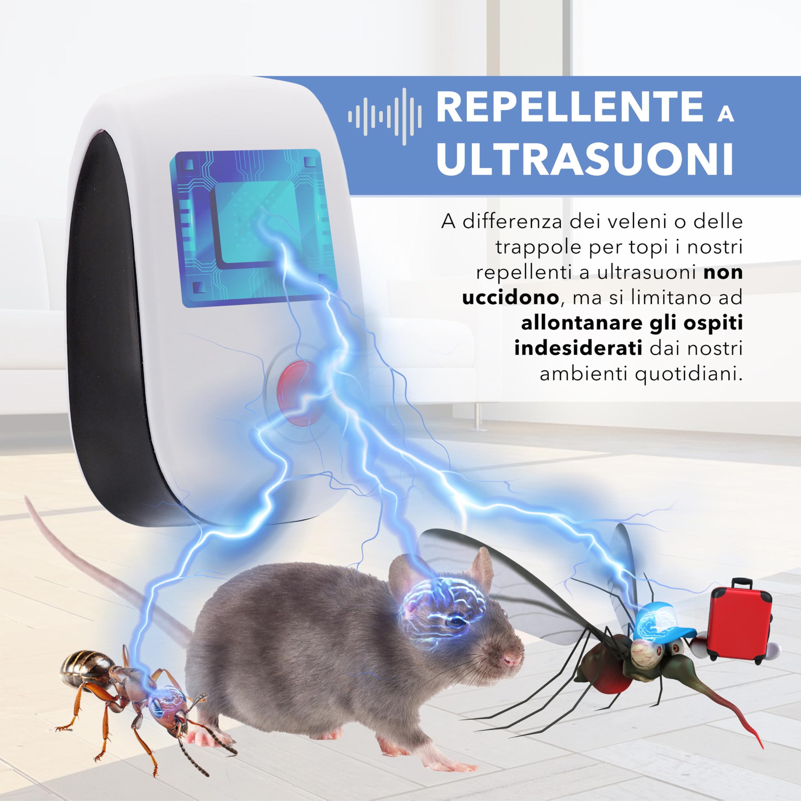 Repellente Ultrasuoni Interno per Topi, Zanzare, Mosche, Formiche e Insetti Vari - Antizanzare Ultrasuoni da Interno Inodore, Silenzioso e Innocuo per Animali Domestici, Bambini e Adulti
