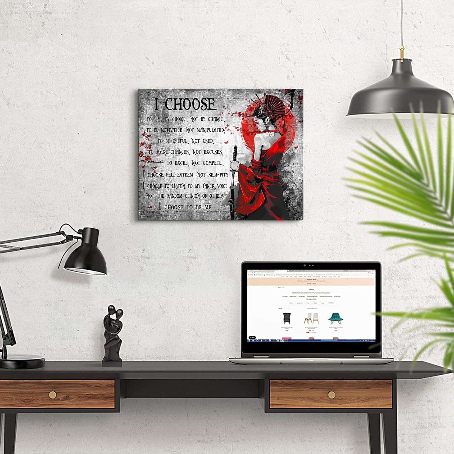 Motivational Japanese Samurai Wall Art Samurai Women Red Moon Canvas Wall Decor Inspirational Quotes I Choose Pictures Print Paintings Framed Artwork Home Decor For Office Living Room Gym 16x20 Inch
