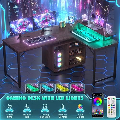 Miniatura 3 de Cyclysio Escritorio para computadora en forma de L, escritorio reversible para juegos de 58 pulgadas con tira LED y soporte de monitor ajustable,