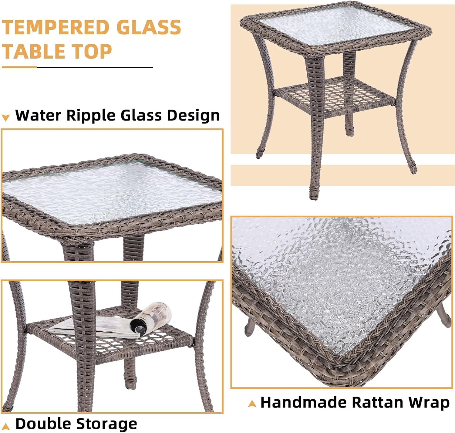 3 Pieces Wicker Patio Bistro Set, Outdoor Furniture Patio Conversation Set of 360 Degree Swivel Glider Rocker Chair with Thickened Cushions and Glass Coffee Table for Backyard (Grey)