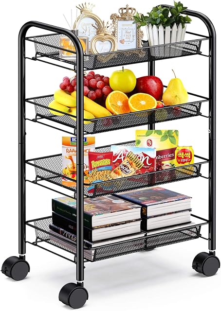 Pipishell Storage Trolley 4 Tier Mesh Wire Rolling Storage Cart, Kitchen Storage Unit on Wheels, Kitchen Trolley Metal with 4 Wire Storage Baskets Lockable Wheels for Home Office Kitchen, Black