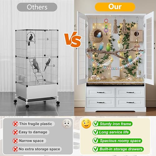 MSFE Cage en Bois pour Oiseaux, Cage a Oiseaux avec 4 Tiroirs, Bac à Litière Coulissant,Portes à Grille Métallique et Verrou Robuste pour Canaris, Perruches, Aras et Conures, 100 * 50 * 160cm - 3