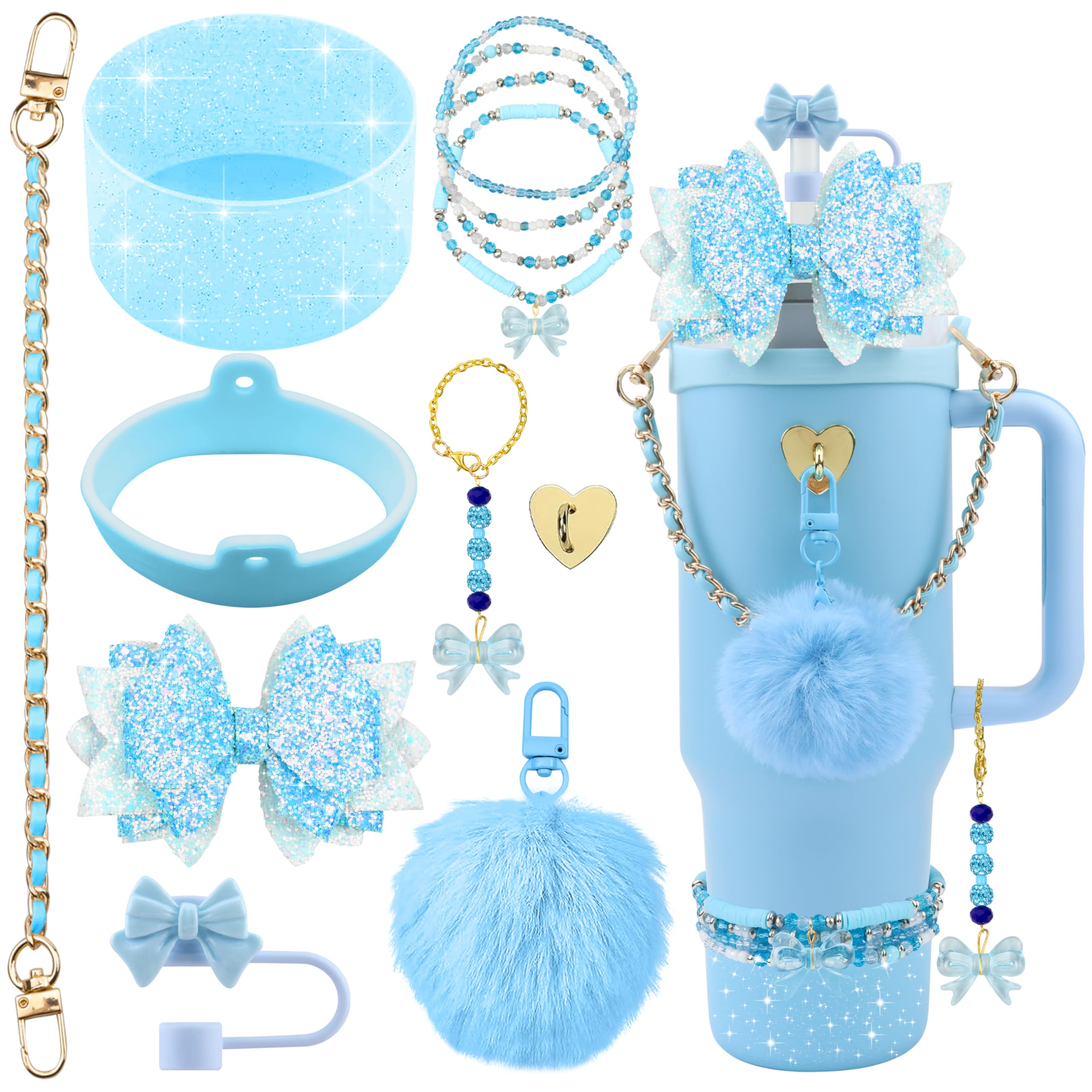 Hpebl 12PCS Accessories for Stanley Cup 40oz&30oz Tumbler Accessories including Silicone Cute Blue Bow Straw Topper Cover Silicone Stanley Boot