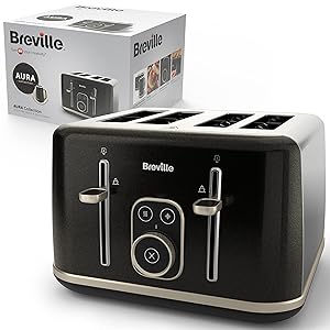 Breville Aura tostador de 4 rebanadas | Panel de control táctil | Elevación extra alta | Ranuras de ancho variable | Negro brillante [VTR019]