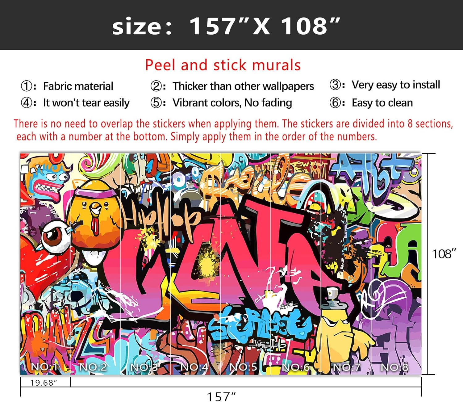 YIHWM-Peel and Stick Colorful Graffiti Wallpaper Pink Graffiti Street Art Children's Room Boys Nursery Bedroom Large Self-Adhesive wall mural-157"x108"（118 Square Foot）