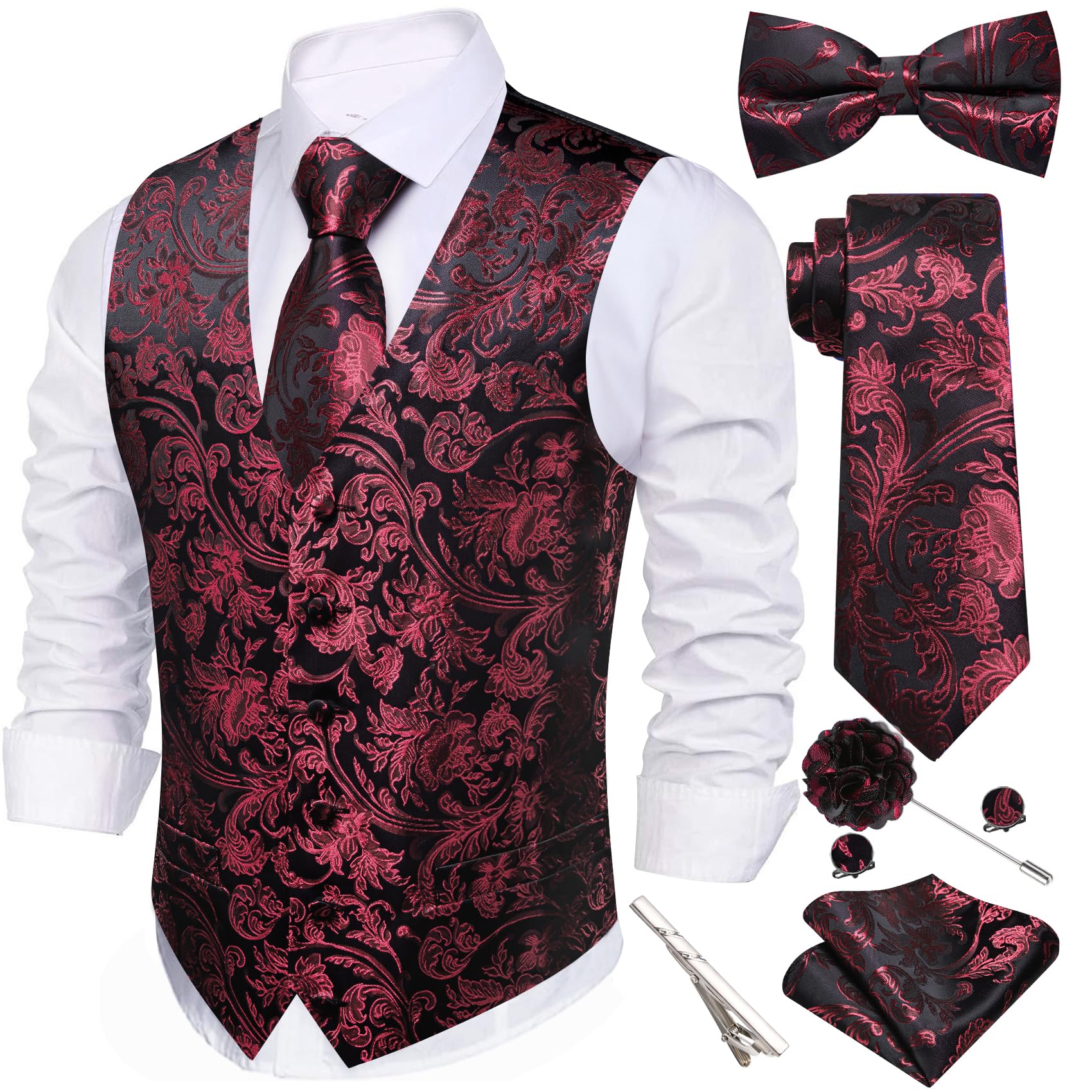 Barry.Wang Men's Suit Vest Tie Bowtie Hanky Cufflinks Clip Brooch 7PCS