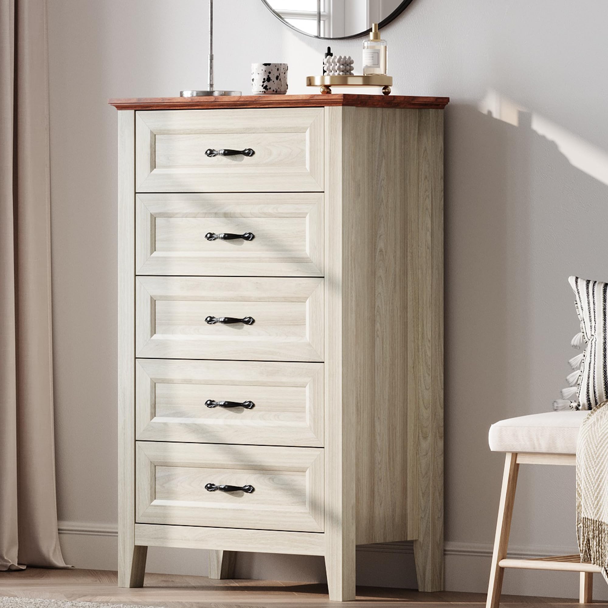 LINSY HOME Beige Dresser for Bedroom, 5 Drawer Dresser with Metal Handles, Chest of Drawers, Tall Dresser for Living Room, Entryway, and Closet