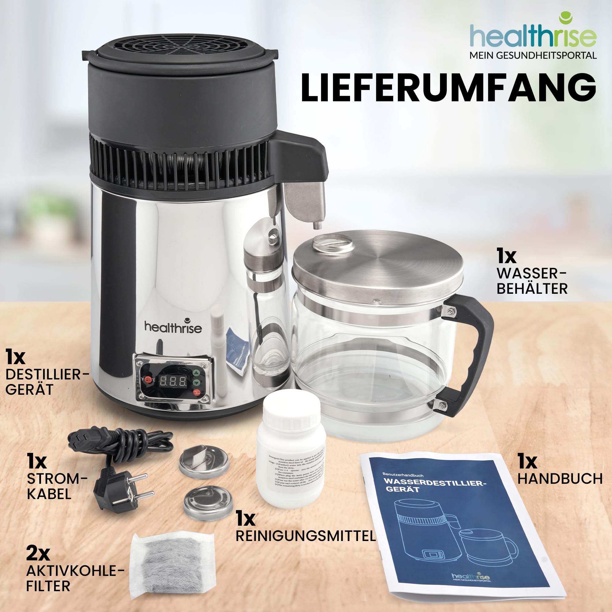 Health Rise Wasserdestilliergerät mit Deutscher Bedienungsanleitung, Servicehotline in Deutschland, Vollautomatisch, Sicher und Zuverlässig für Zuhause, Zahnklinik und Labor, 2 Jahre Garantie
