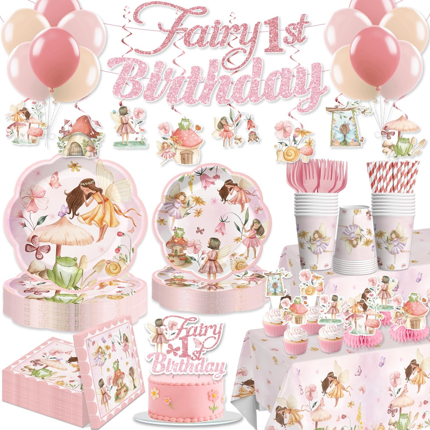 Xynic Fairy First Birthday Decorations, Fairy Party Plates and Napkins Set Fairy Banner Balloons Cake Cupcake Toppers Table Cloth Fairytale Garden 1st Birthday Decorations Girl Serve 50 Guests