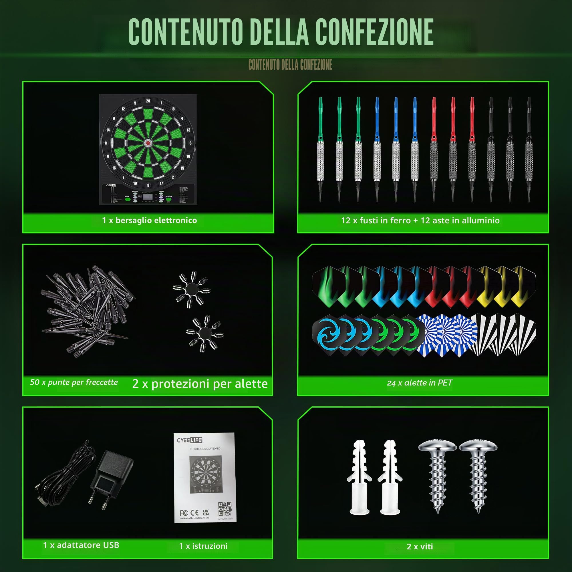 CyeeLife Bersaglio Freccette elettronico - Display LED - Bersaglio con 12 Freccette,24 Alette, 50 punte morbide e accessori,1-8 Giocatori, Innovativo con 34 variazioni