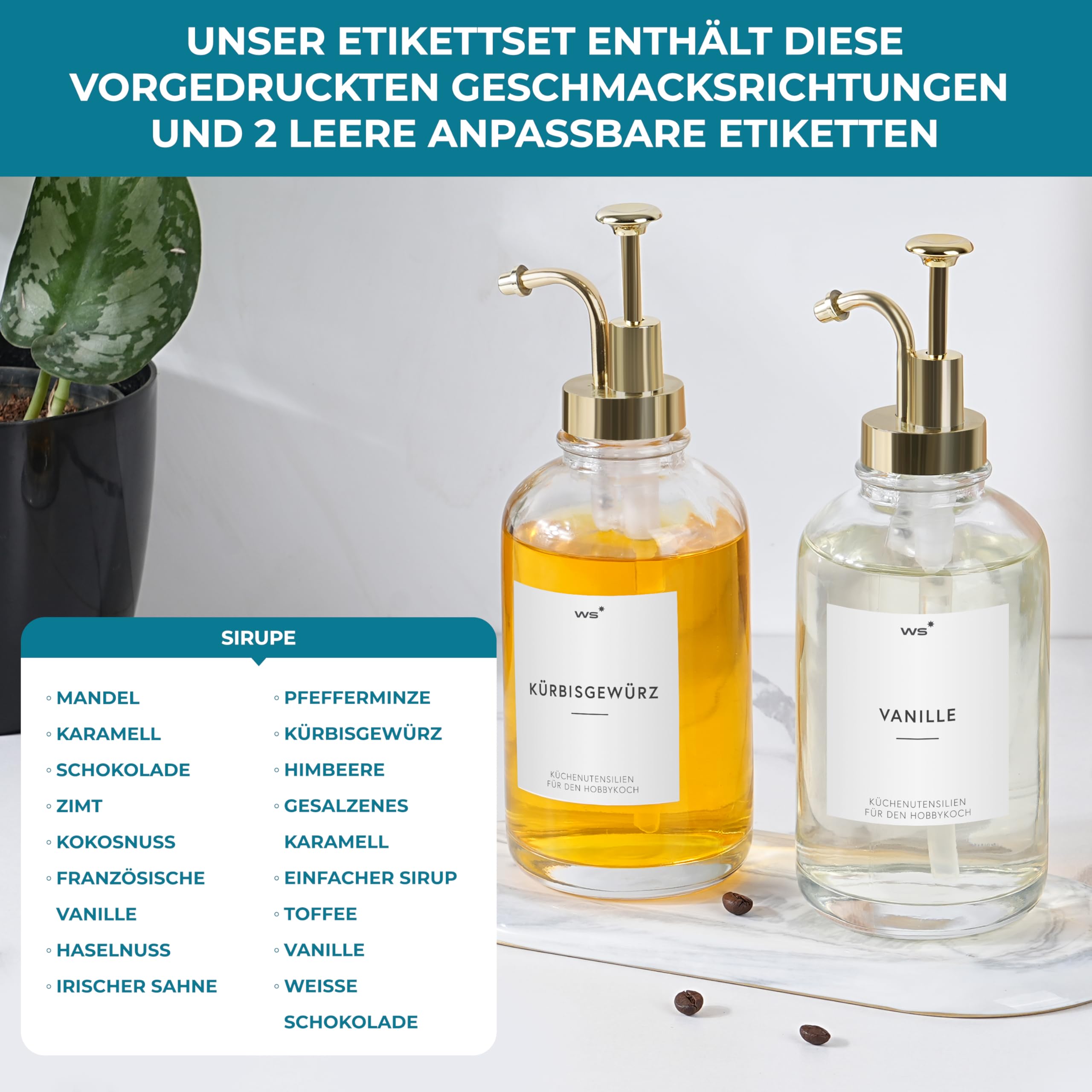 Winter Shore Sirup Pumpspender Glas mit Etiketten (2er-Pack) - Einfacher Sirup Spender Glas - Kaffee Sirup Flaschen - Pumpflasche Glas - Pumpspender Sirup für Kaffeebar