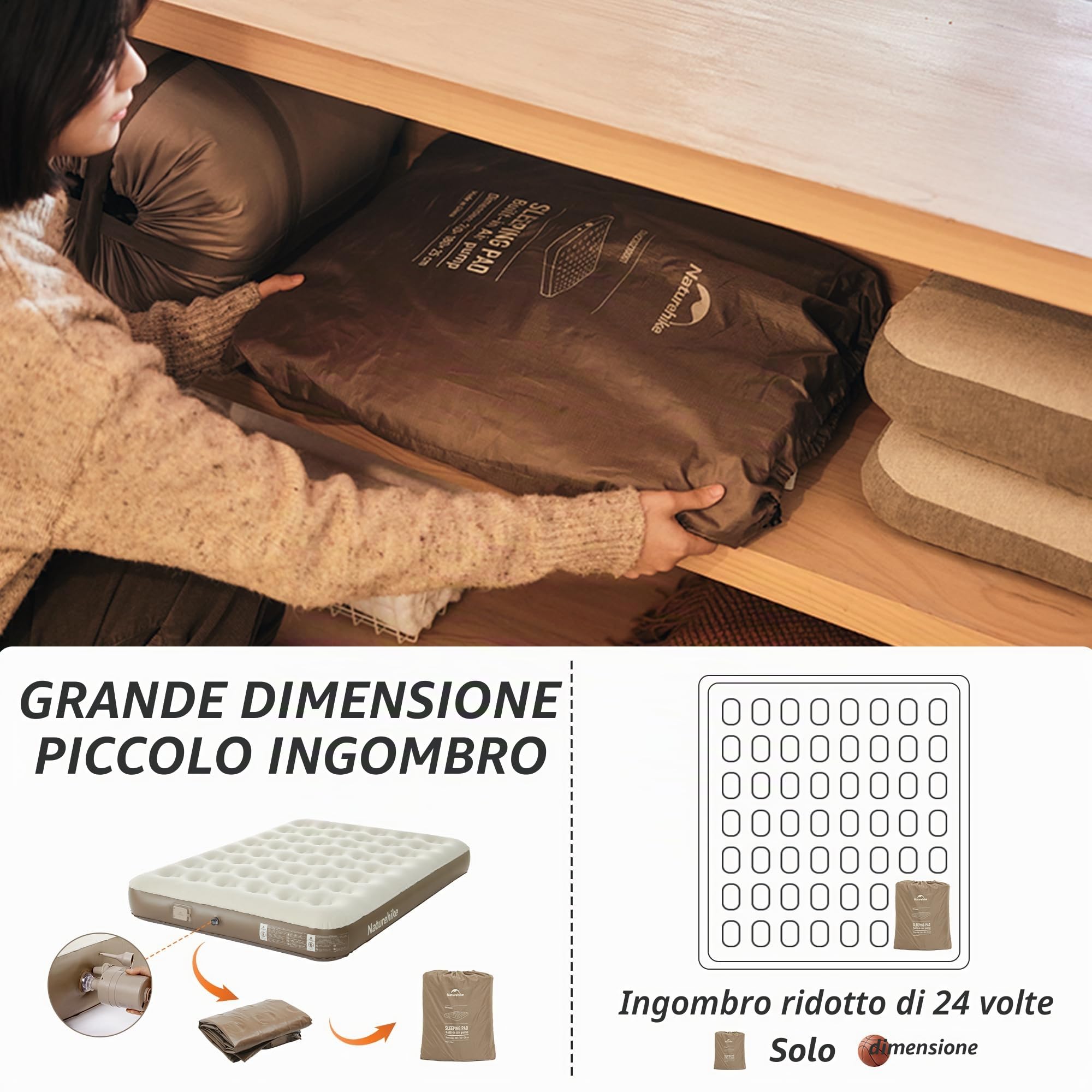 Naturehike Materasso Gonfiabile Triplo con Pompa Integrata Ricaricabile - 200x180x25cm Letto Gonfiabile Autogonfiante per Campeggio e Ospiti - Materassino Campeggio Portatile e Stabile a Lungo Termine