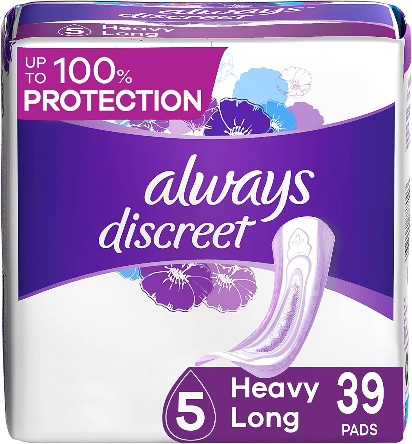 Always Discreet Adult Incontinence & Postpartum Pads For Women, Size 5, Heavy Absorbency, Long Length, 39 Count